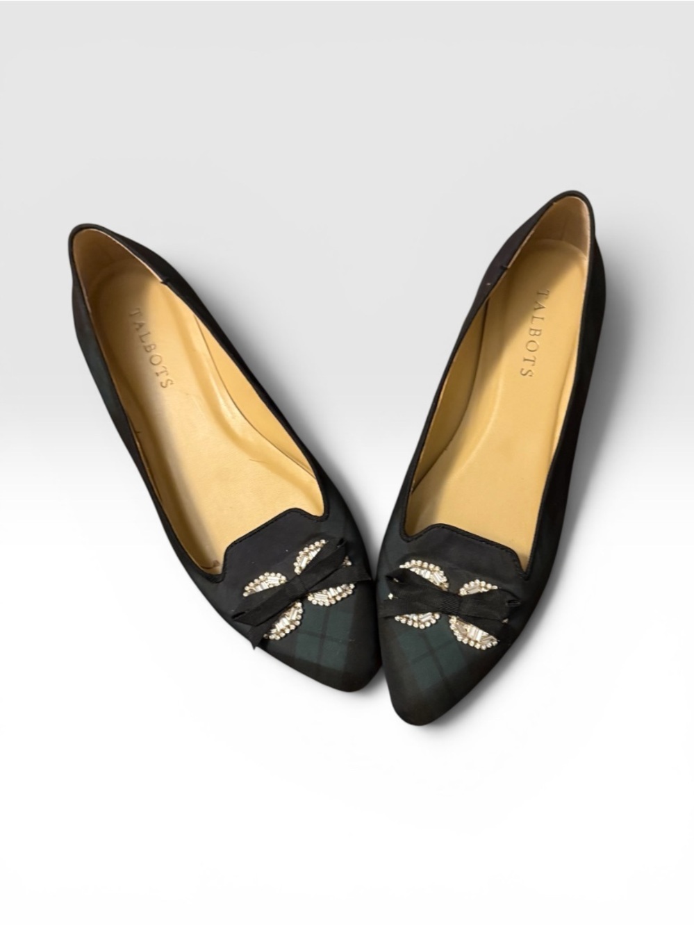 Talbots Black Pointed Toe Flats with Crystal Bow Detail